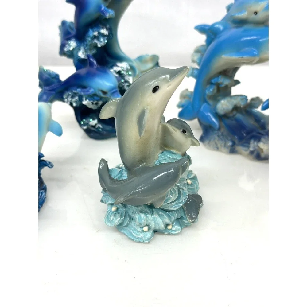 Marine Sea Ocean Set of 7 Blue Dolphins Swimming Over Giant Reef Waves Figurine